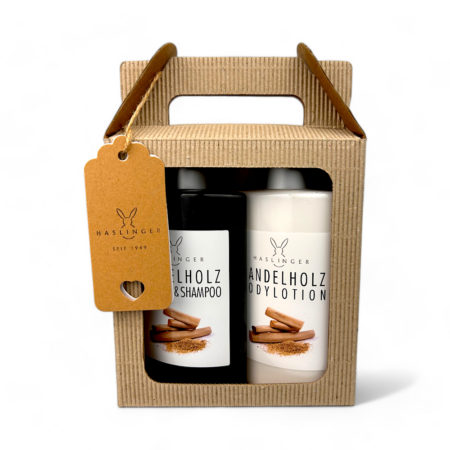 Haslinger Geschenk-Set Tragekarton Sandelholz, 1x Shampoo 200ml, 1x Bodylotion 100ml